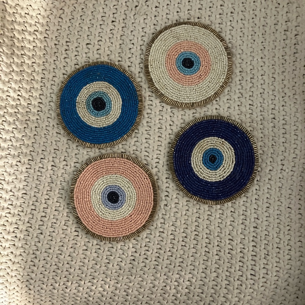 Handcrafted Beaded Coasters Set - Blue, Pink, Cream, and Tan